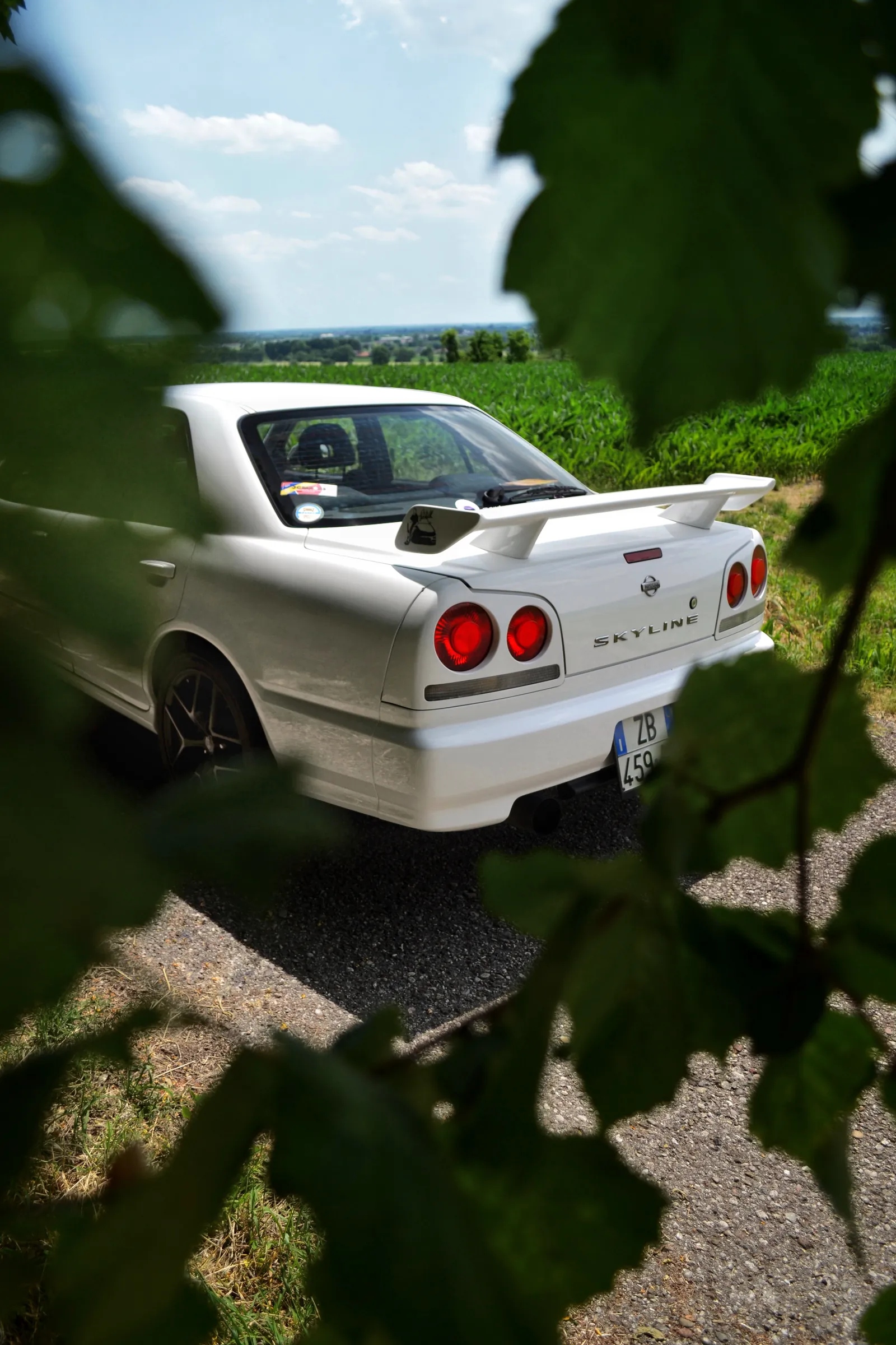Nissan Skyline bianca vista da dietro tra le foglie