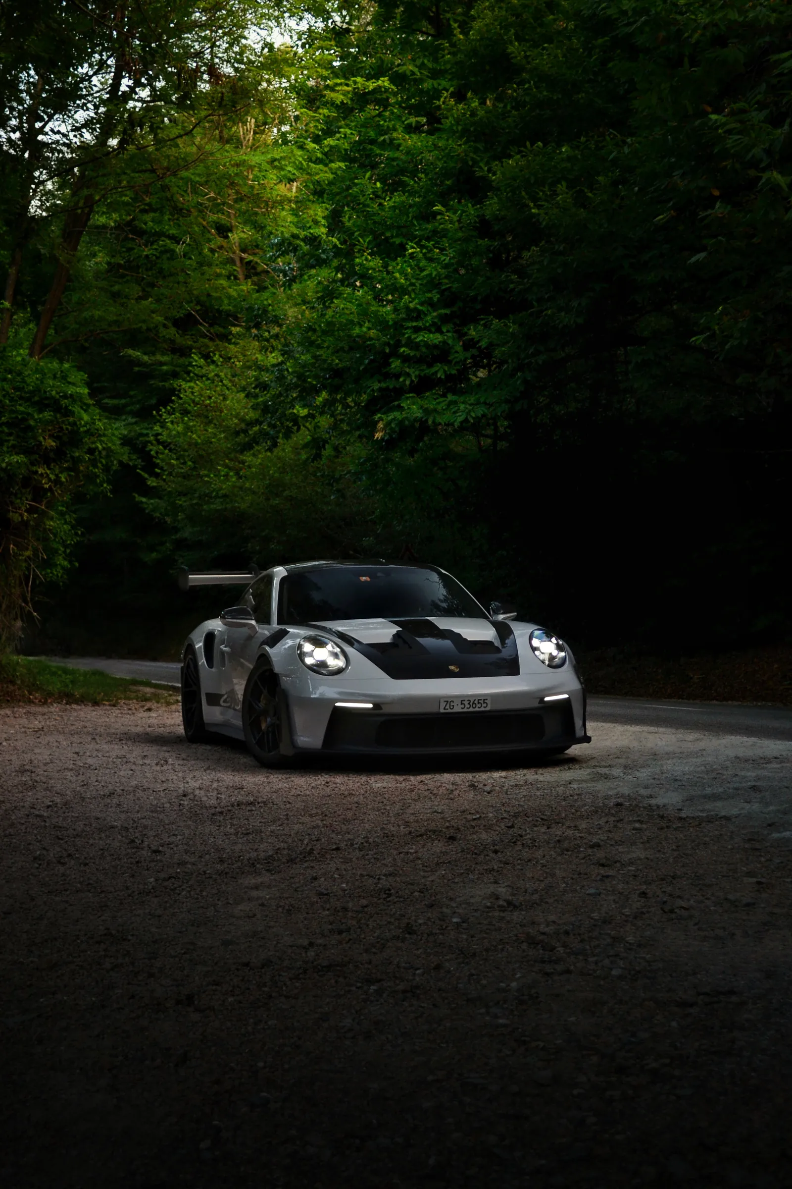 Porsche 911 GT3 RS grigia su una strada nel bosco