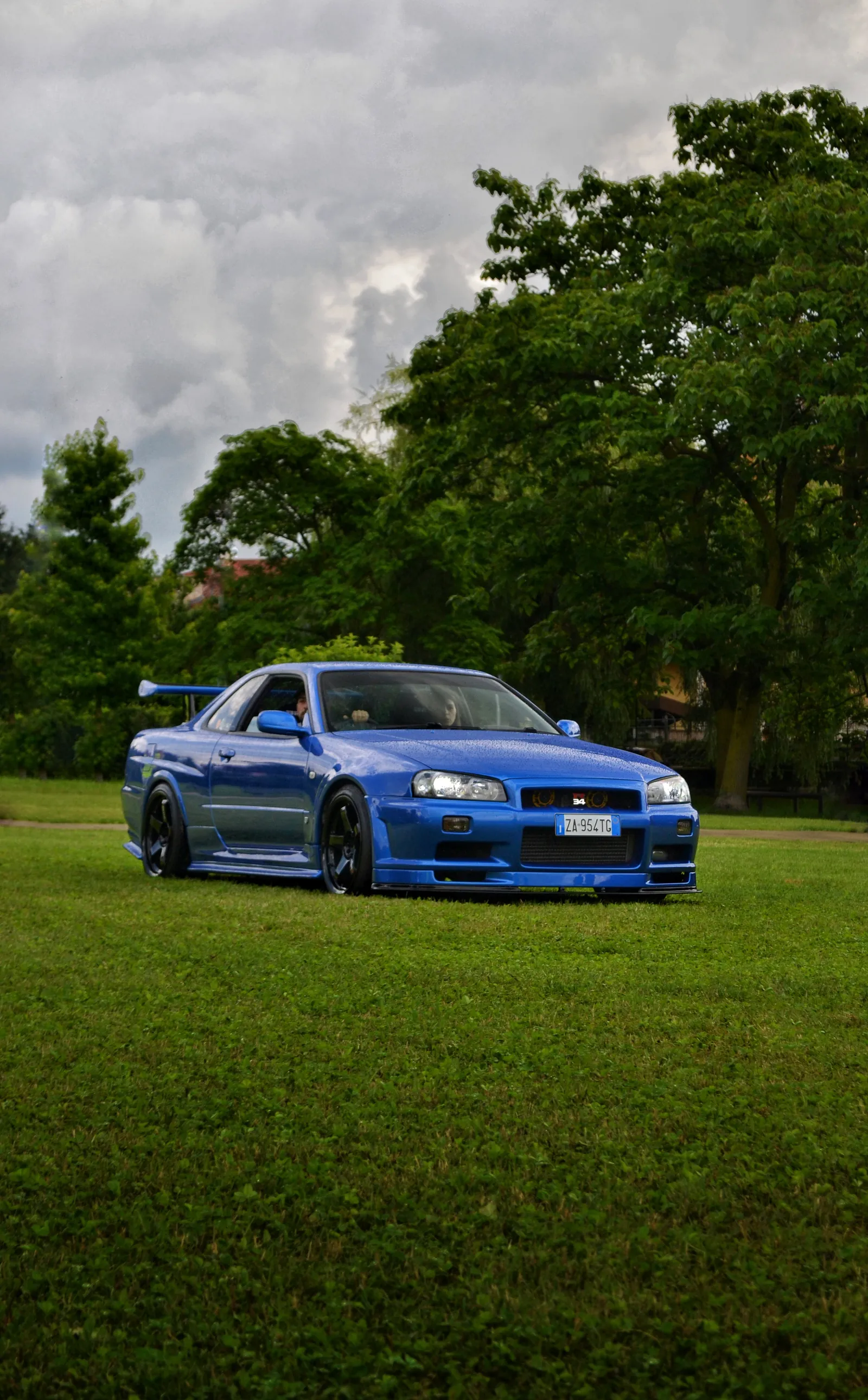 Nissan Skyline GT-R blu su un prato sotto un cielo nuvoloso
